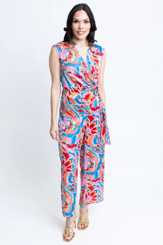 Abstract Satin Wrap Jumpsuit