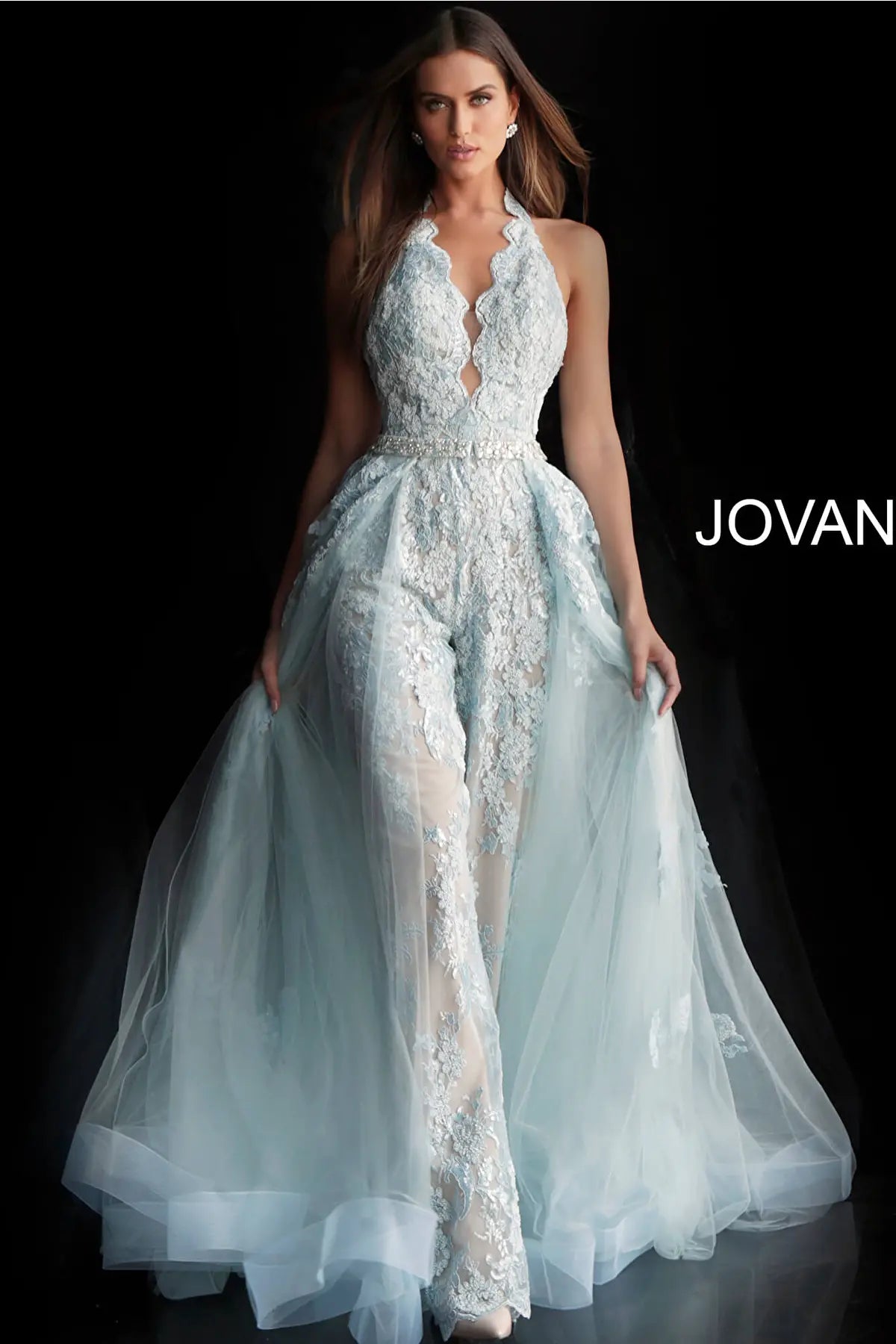 Jovani 60124 Lace Halter Neck Prom Jumpsuit