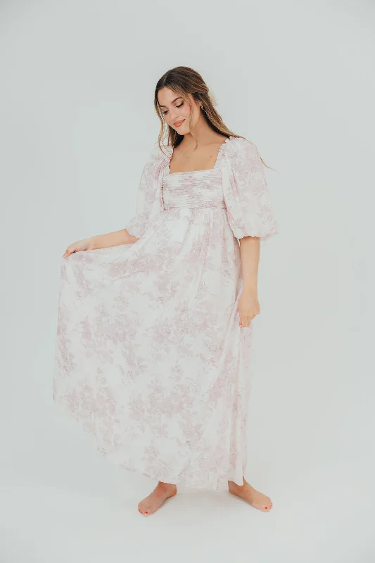 Melody Maxi Dress with Pleats and Bow Detail in Pink Toile - Bump Friendly & Inclusive Sizing (XL-3XL)