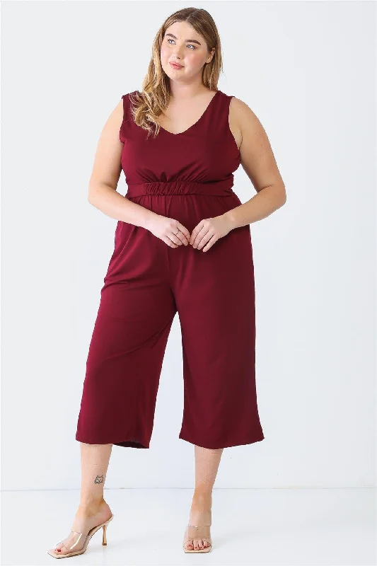 Junior Plus Burgundy Sleeveless V-Neck Two Pocket Wrap Back Jumpsuit /3-2-1