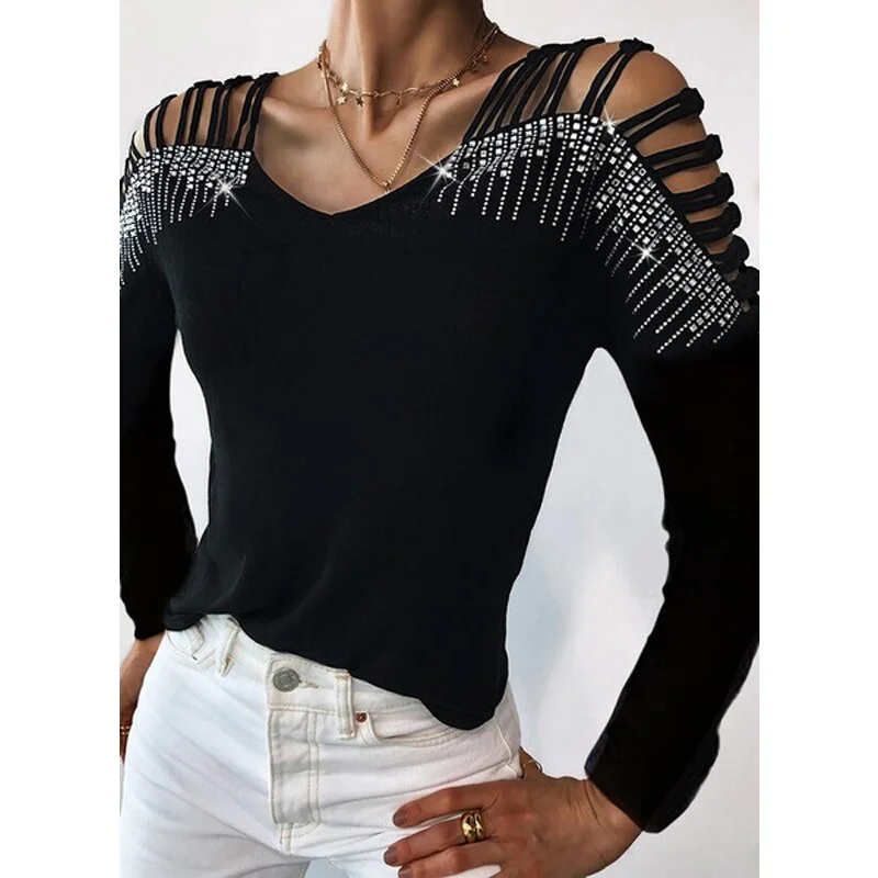 Amy Fashion - Sequins Cold Shoulder Long Sleeves Irregular V-neck Shirt