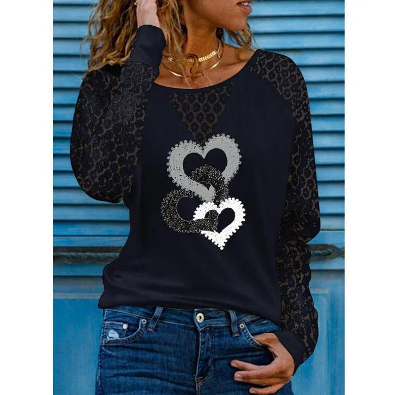 Amy Fashion - Love Printed Lace Long Sleeve Casual Tee