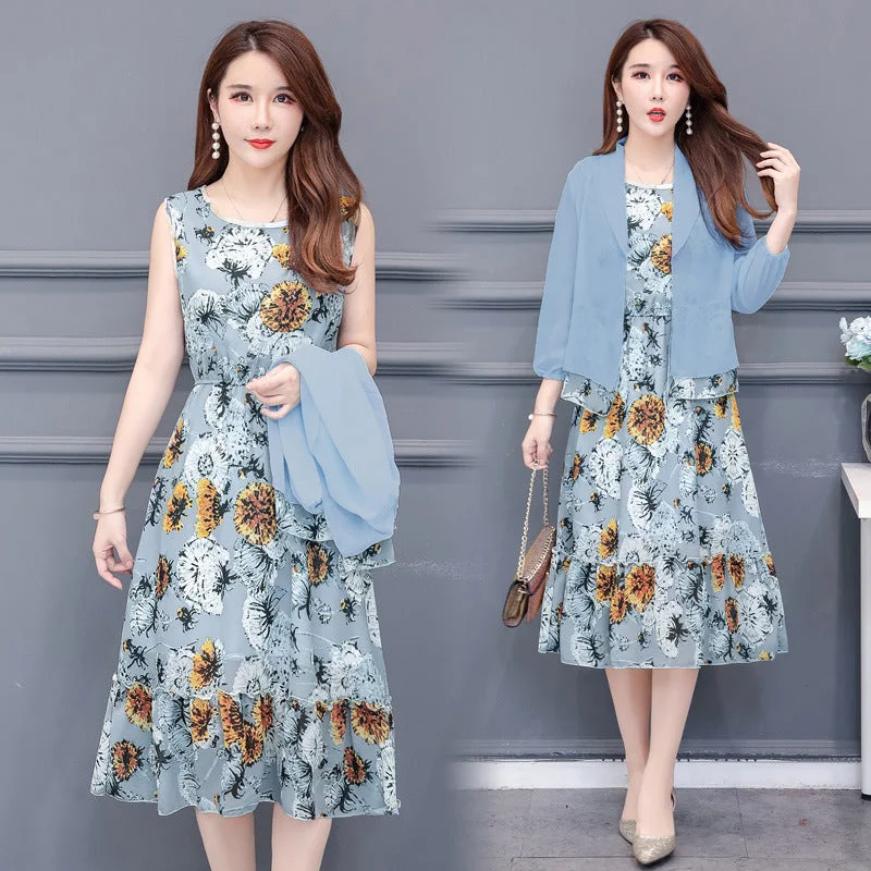 Big Size 2 Pieces sets Women jacket cardigan Floral Chiffon Dress set