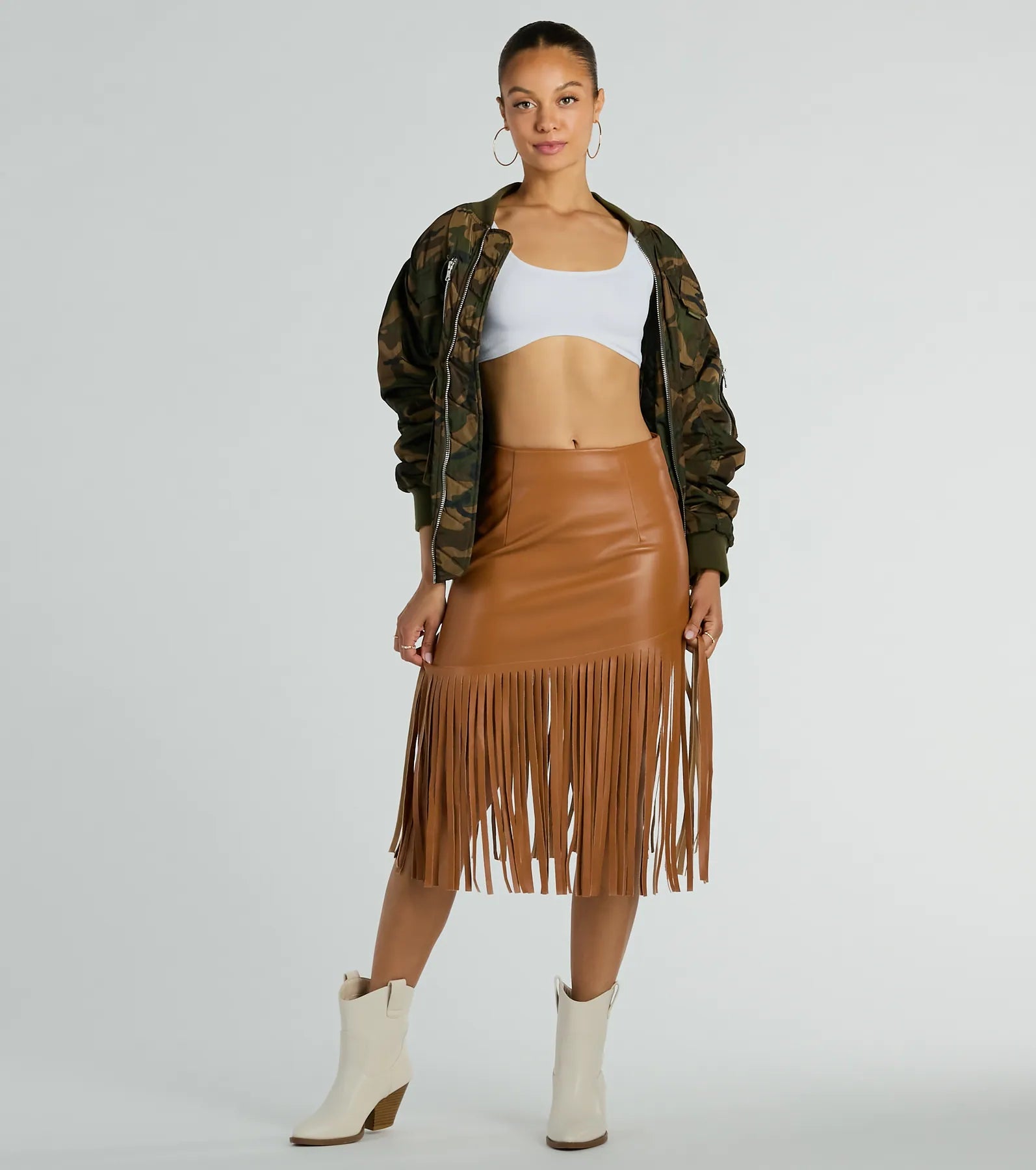 Country Songs Fringe Faux Leather Midi Skirt