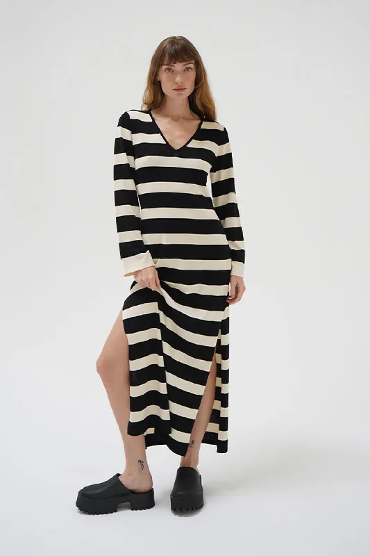 Elin Dress - Ivory and Black Stripe