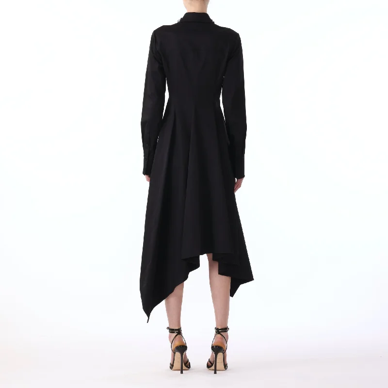 L/s Asymmetric Cotton Dress With Embroidery Collar