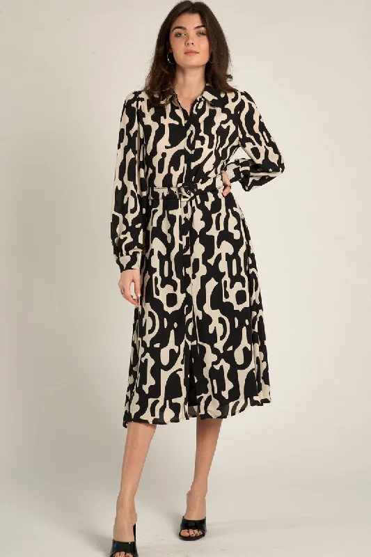 ABSTRACT PRINT BELTED SHIRT DRESS