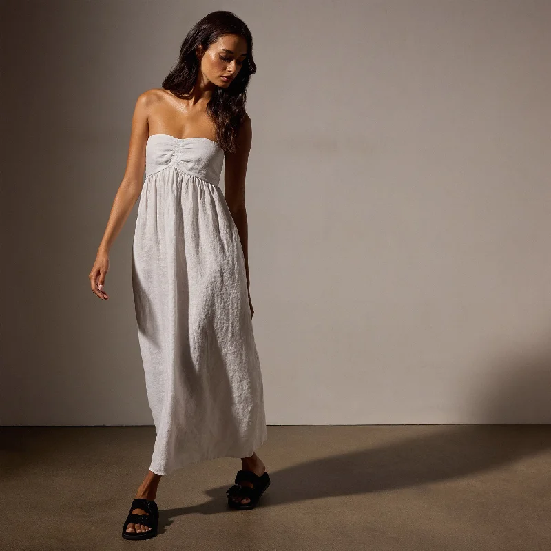 Linen Gathered Tube Dress - White