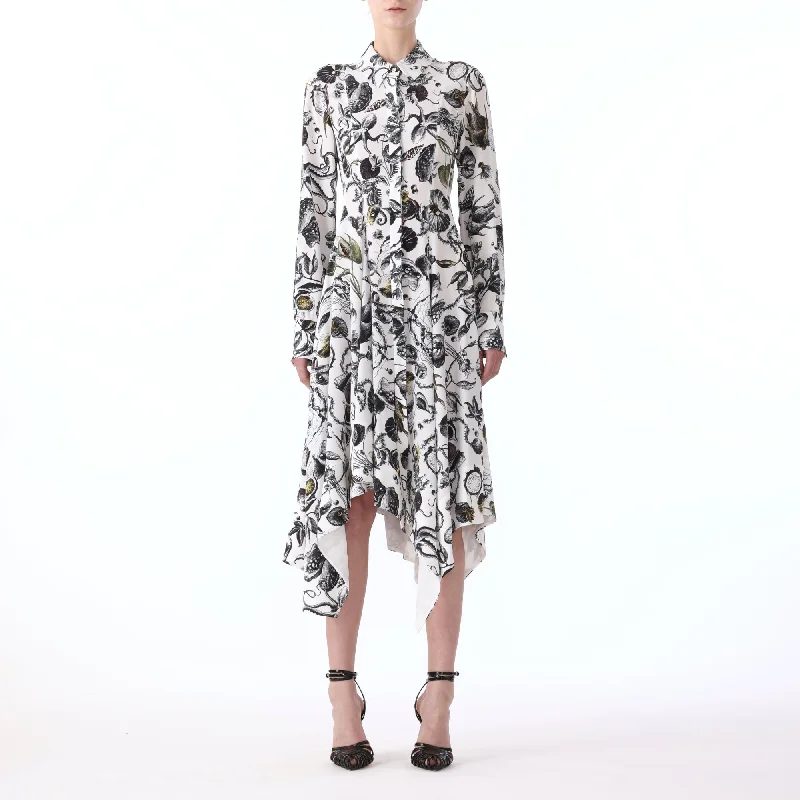 Marine Print Asymmetric L/s Silk Cdc Dress