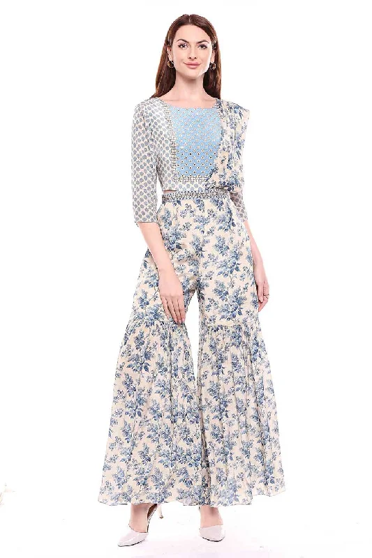 Blue Printed Jumpsuit Sharara Dress