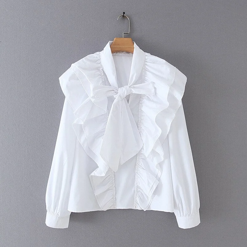 Amy Fashion - Chic Bow Tie Collar White Blouse