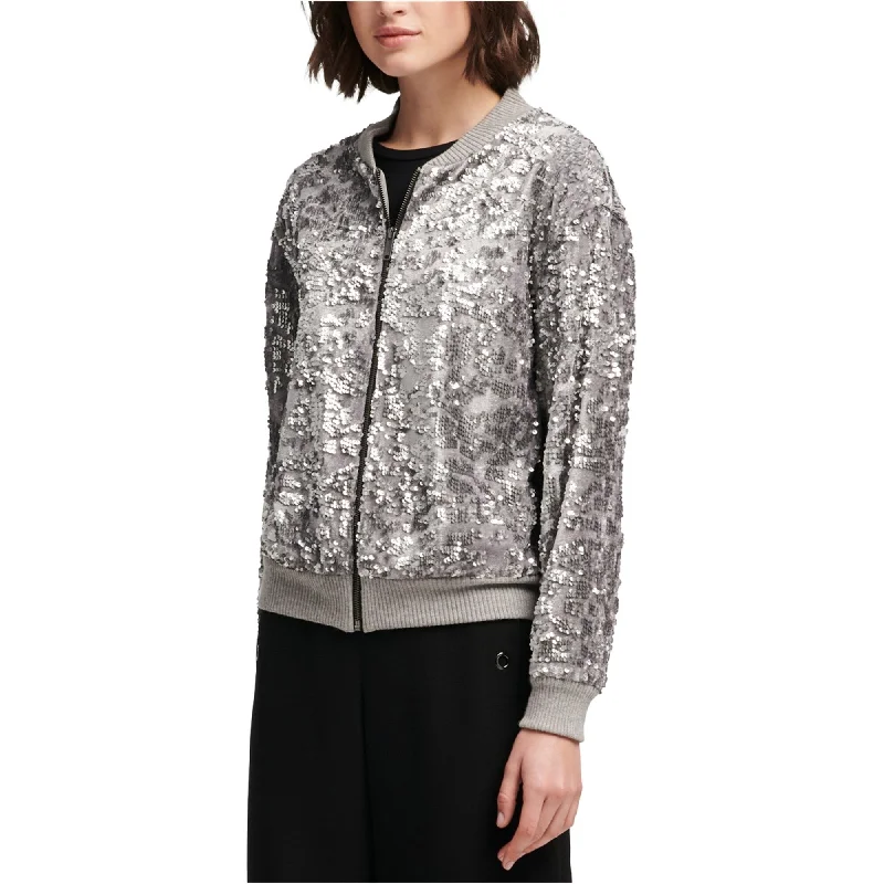 DKNY Womens Sequined Bomber Jacket, Grey, X-Small