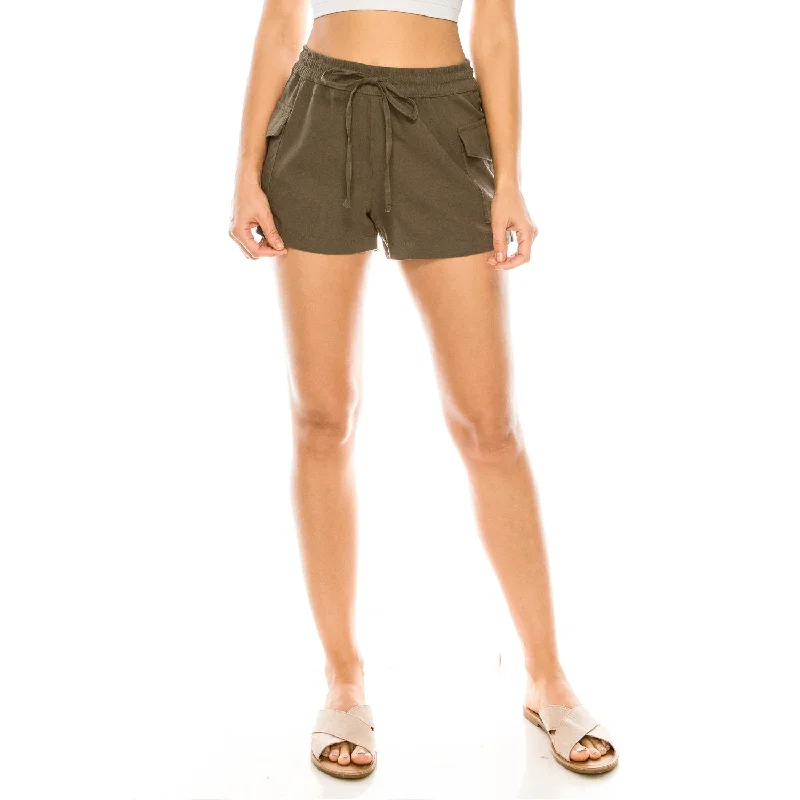 Drawstring Cargo Linen Shorts - Light Olive