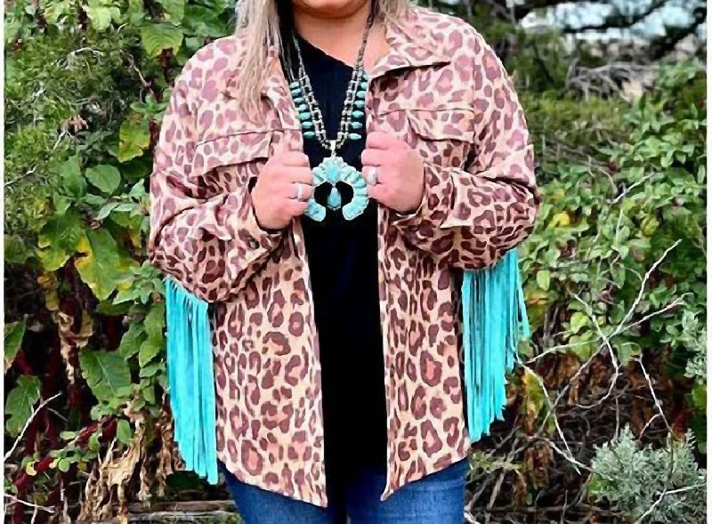 Jacket With Turquoise Fringe In Leopard Print