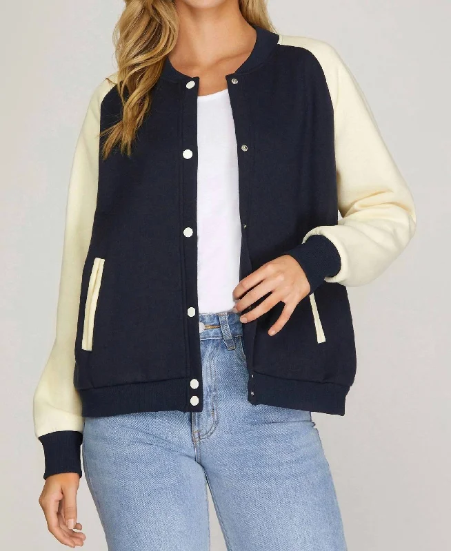 Long Sleeve Knit Fleece Varsity Jacket In Navy