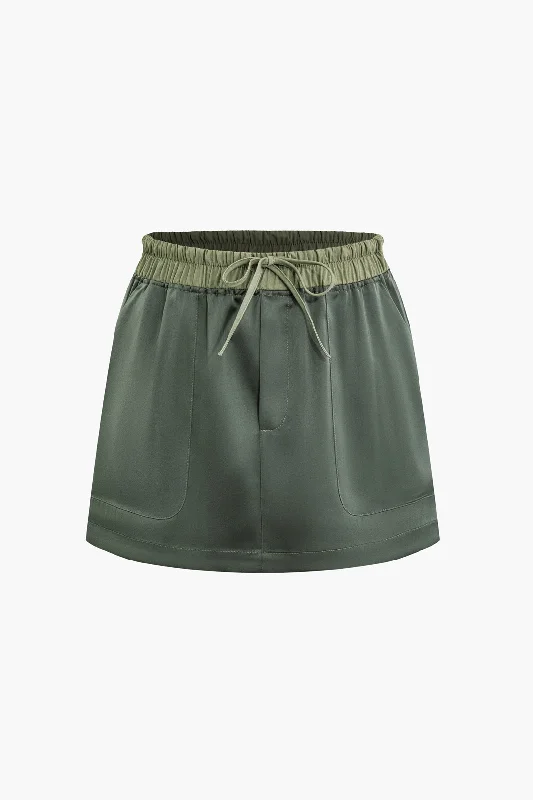 Contrast Tie-Up Elastic Waistband Skirt