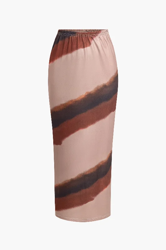 Color Block Print Slit Midi Skirt