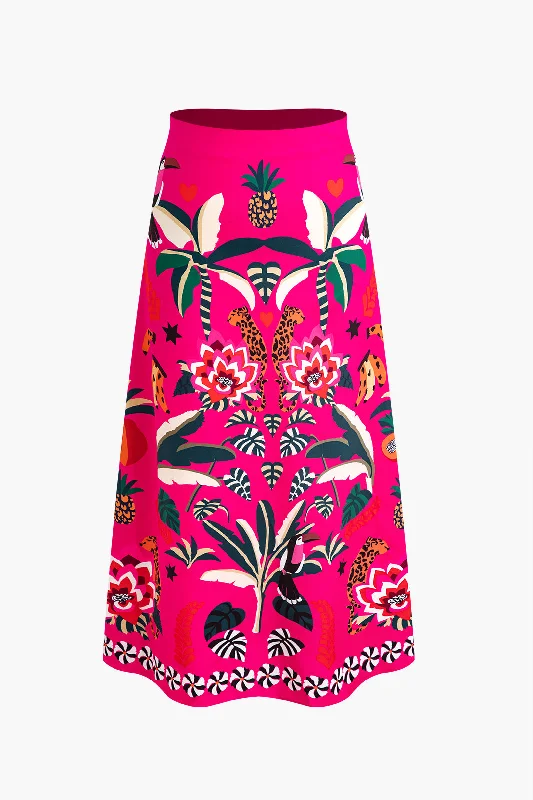 Tropical Print A-Line Midi Skirt