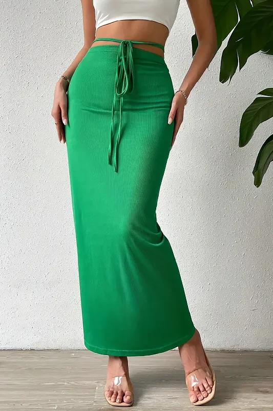 Tie Belt Ruched Split Maxi Skirt