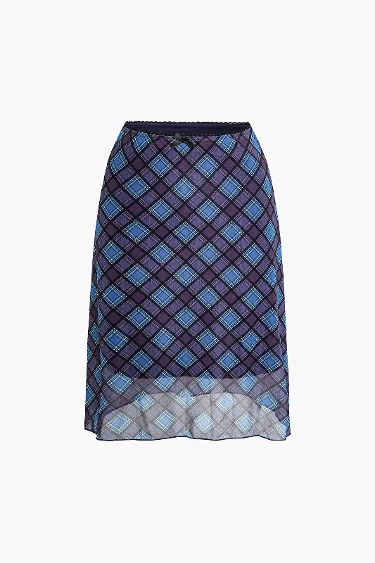 Plaid Print Mesh Midi Skirt