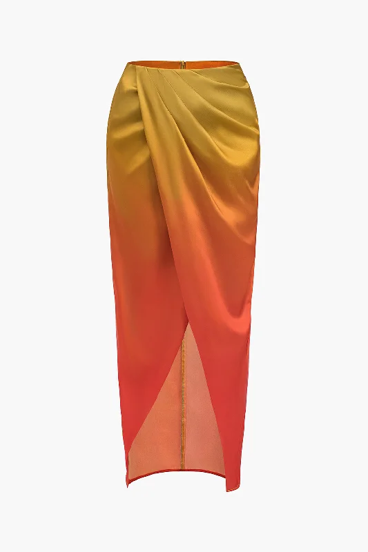 Ombre Print Ruched Slit Skirt