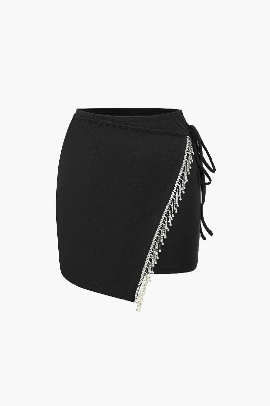 Solid Fringe Rhinestone Mini Skirt