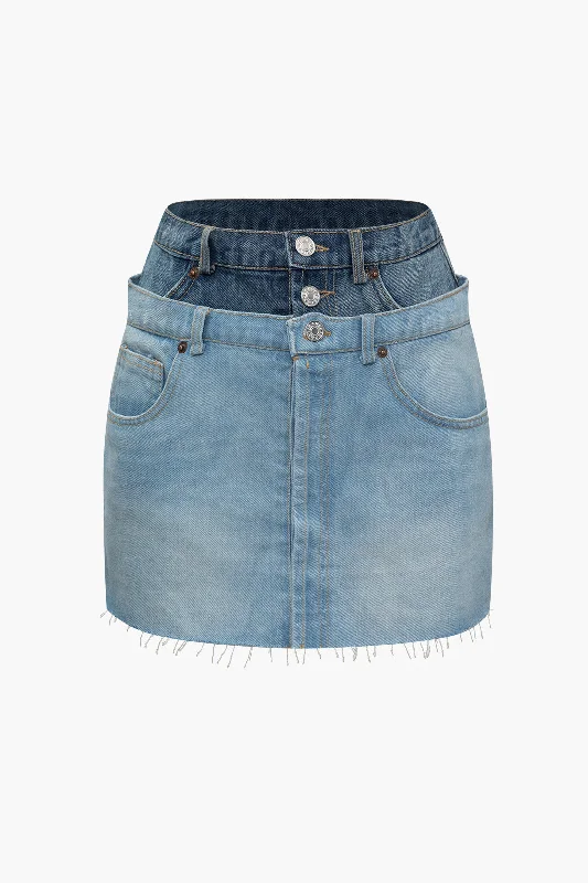 Frayed Hem Double Waistband Denim Mini Skirt