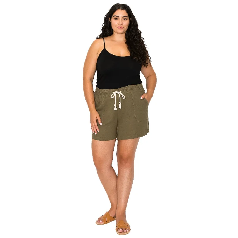 [Plus Size] Drawstring Linen Shorts - Olive