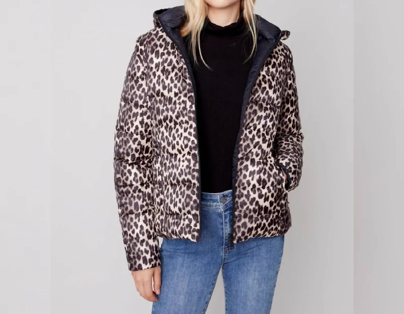 Printed Leopard Puffer In Black Leopard