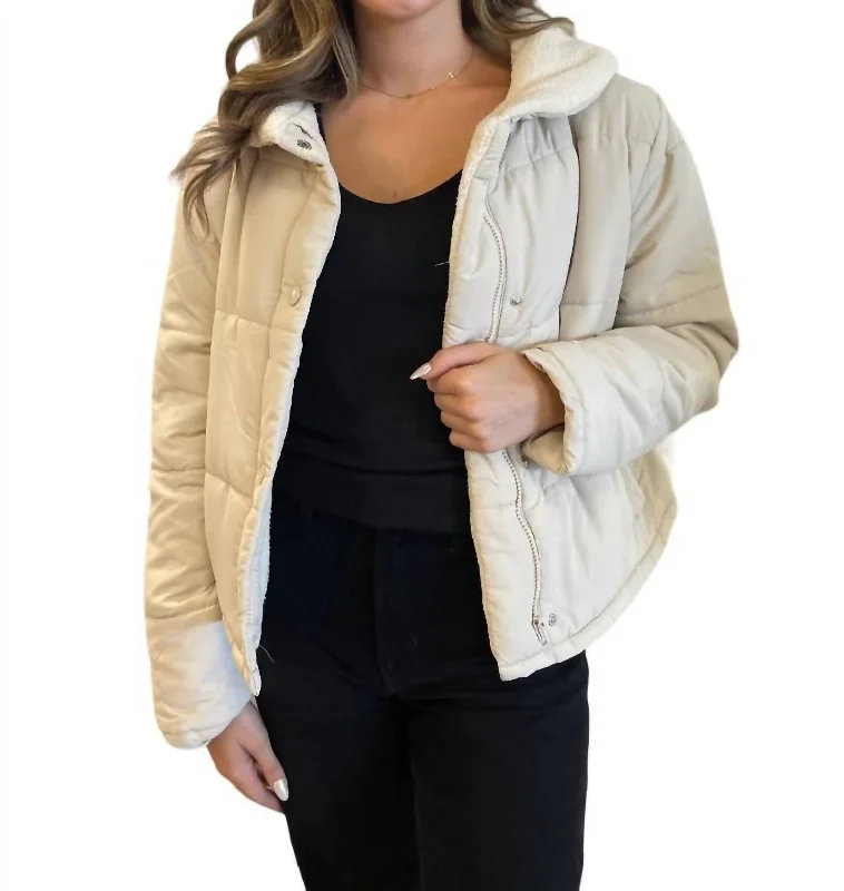 Sherpa Lined Puffer Jacket In Ecru