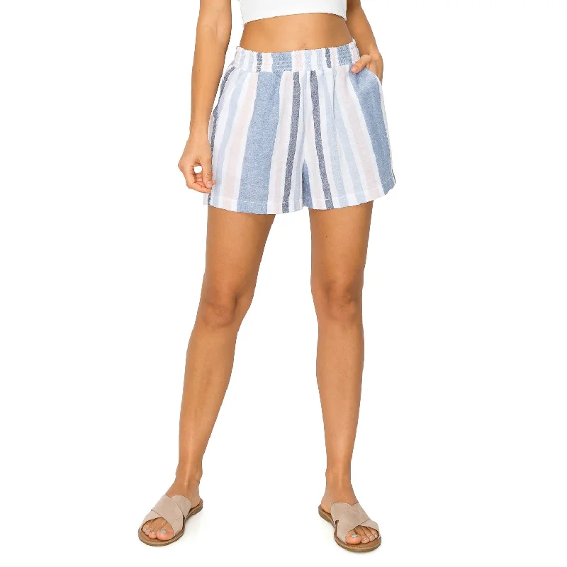 Smocked High Waisted Linen Shorts - Blue Pink