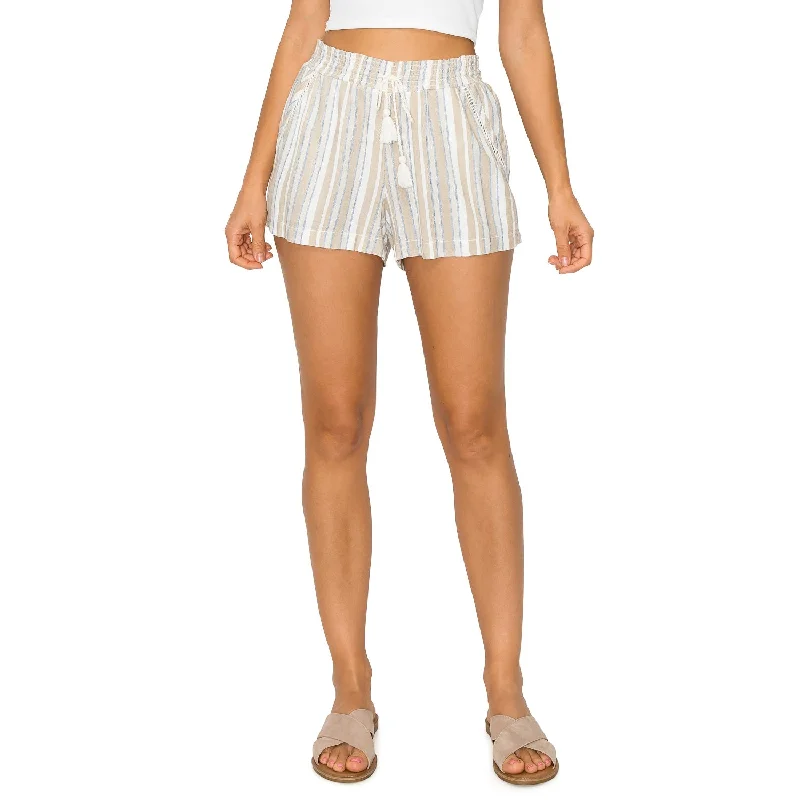 Tassel Drawstring Smocked Waist Linen Shorts - Khaki White